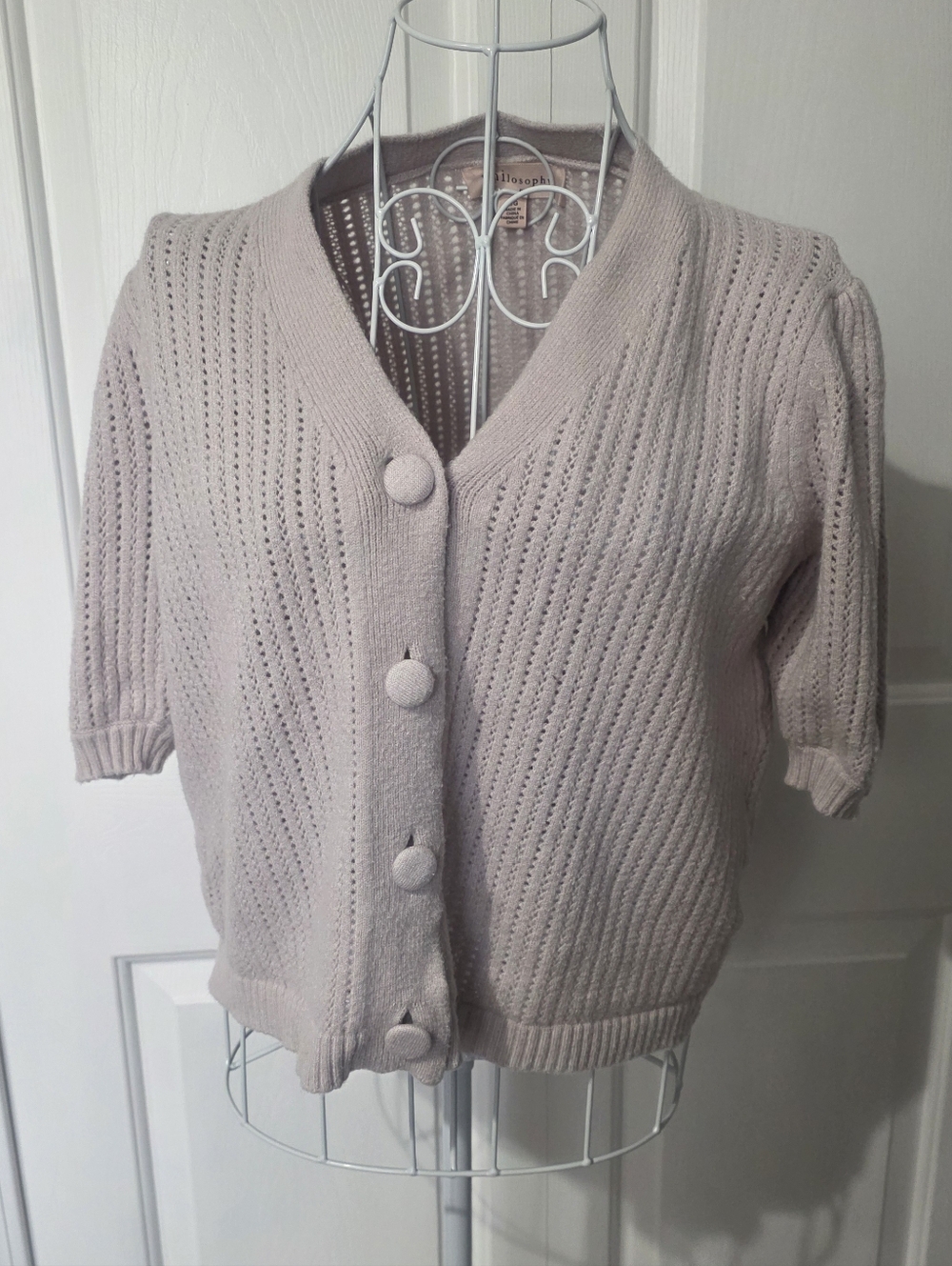 Philosophy L.Knit Ribbed  Short-Sleeve Cardigan Sweater - Light Grey